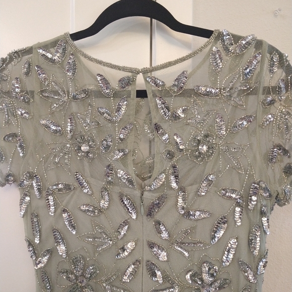 Adrianna Papell Light Green Beaded Sequin Short Sleeve Gown. 091897242. 8 Petite - Picture 3 of 8
